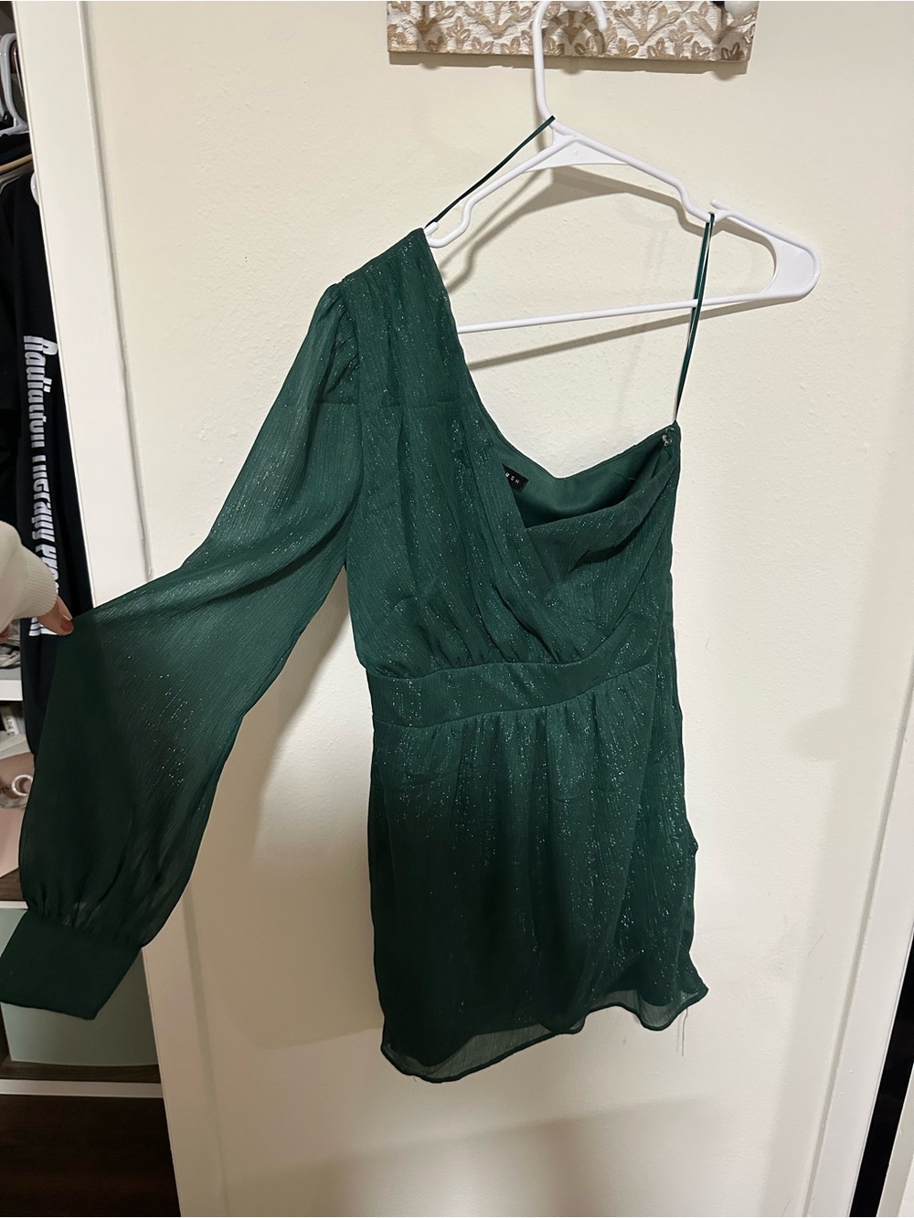 Blue Blush Deep Green One-Shoulder Sparkle Mini Dress